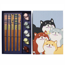 5 Pair Bamboo Chopsticks with Dog Rests Gift Set